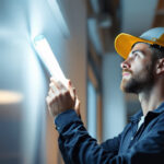 A photograph of a lighting contractor installing or inspecting a tube fluorescent lamp in a commercial or residential setting