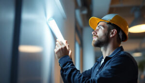 A photograph of a lighting contractor installing or inspecting a tube fluorescent lamp in a commercial or residential setting