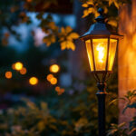 A photograph of a beautifully illuminated outdoor lamp in a cozy garden setting at dusk