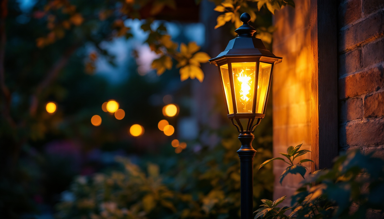 A photograph of a beautifully illuminated outdoor lamp in a cozy garden setting at dusk