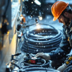A photograph of a skilled lighting contractor expertly installing waterproof wire caps in a residential or commercial setting