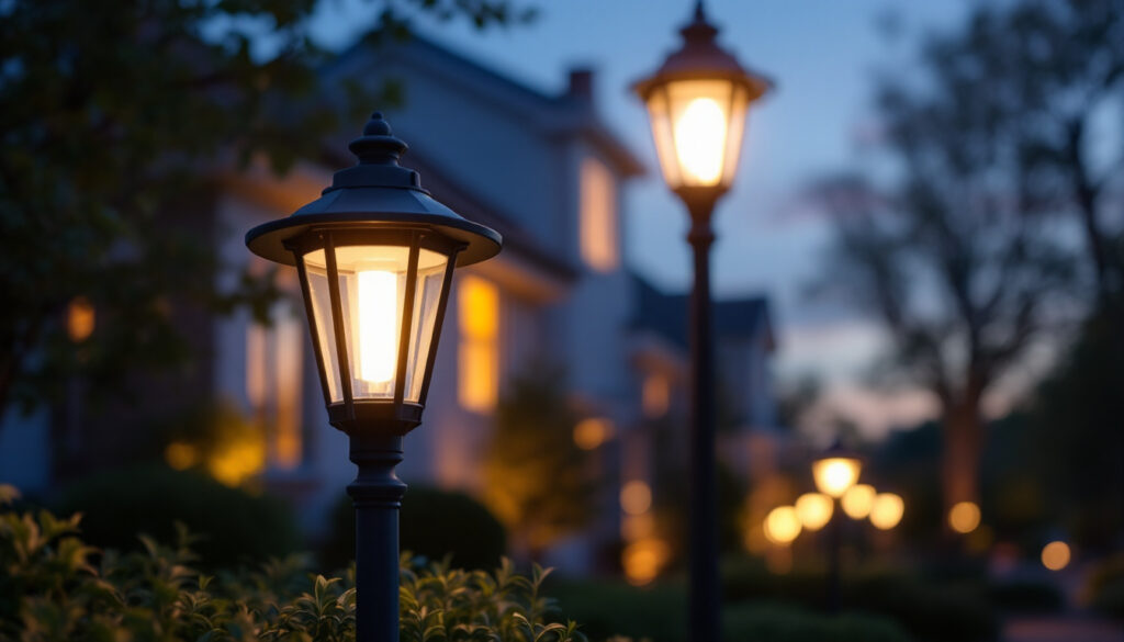 A photograph of a beautifully illuminated exterior lamp post in a residential setting