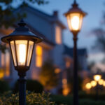 A photograph of a beautifully illuminated exterior lamp post in a residential setting