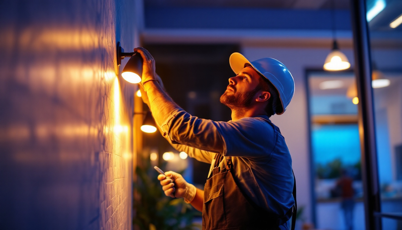 A photograph of a skilled lighting contractor installing or adjusting modern led lights and fixtures in a residential or commercial setting