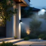 A photograph of a well-lit outdoor space featuring modern security lighting fixtures that enhance visibility and safety