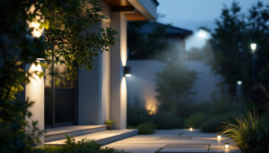 A photograph of a well-lit outdoor space featuring modern security lighting fixtures that enhance visibility and safety