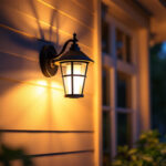 A photograph of capture a photograph of a beautifully illuminated solar porch light installed on a charming porch