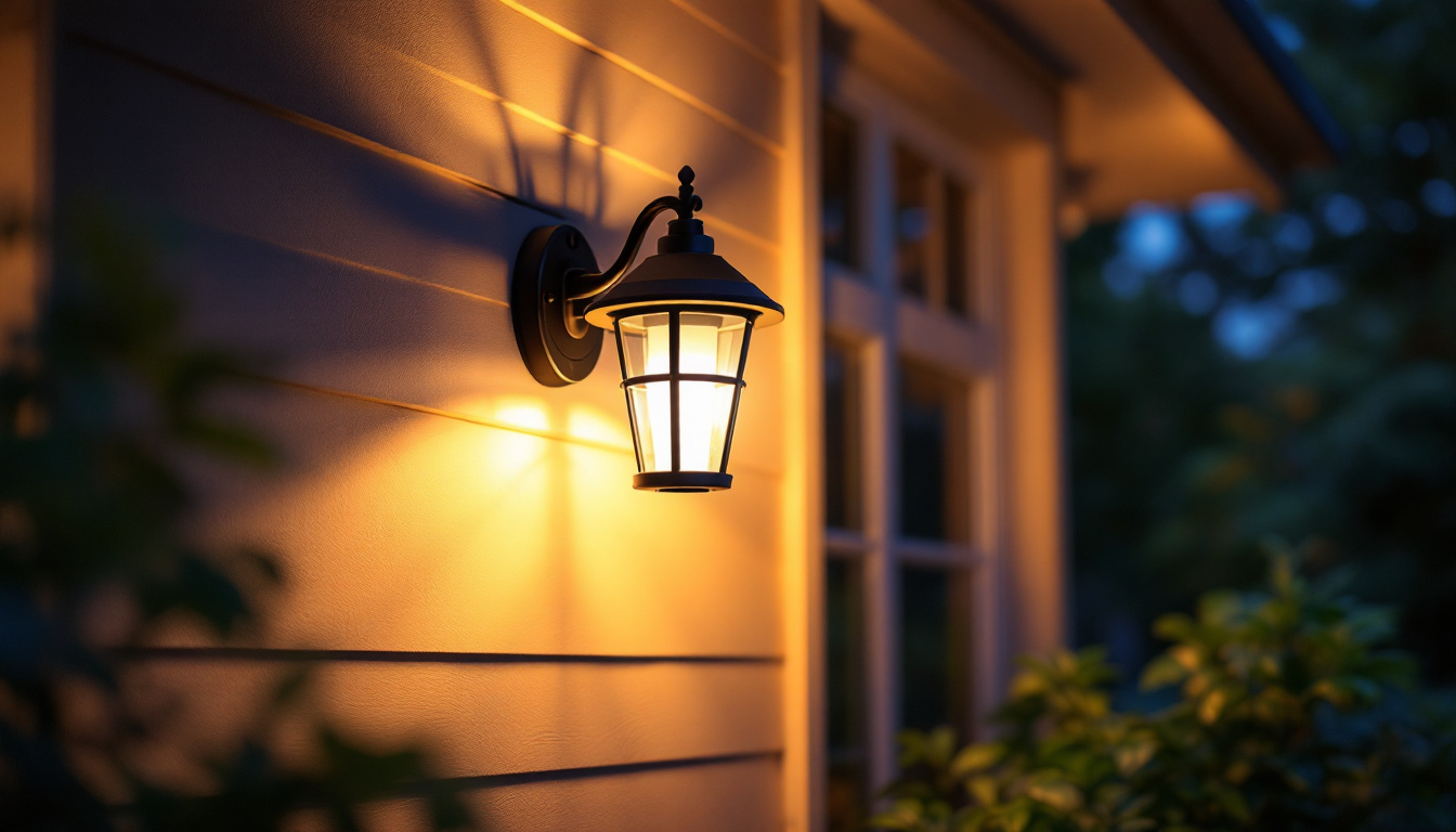A photograph of capture a photograph of a beautifully illuminated solar porch light installed on a charming porch