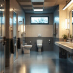 A photograph of a well-lit school bathroom showcasing modern lighting fixtures