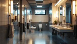 A photograph of a well-lit school bathroom showcasing modern lighting fixtures