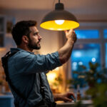 A photograph of a skilled lighting contractor at work