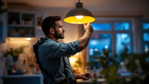 A photograph of a skilled lighting contractor at work