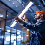 A photograph of a lighting contractor installing an energy-efficient led sign light in a commercial setting