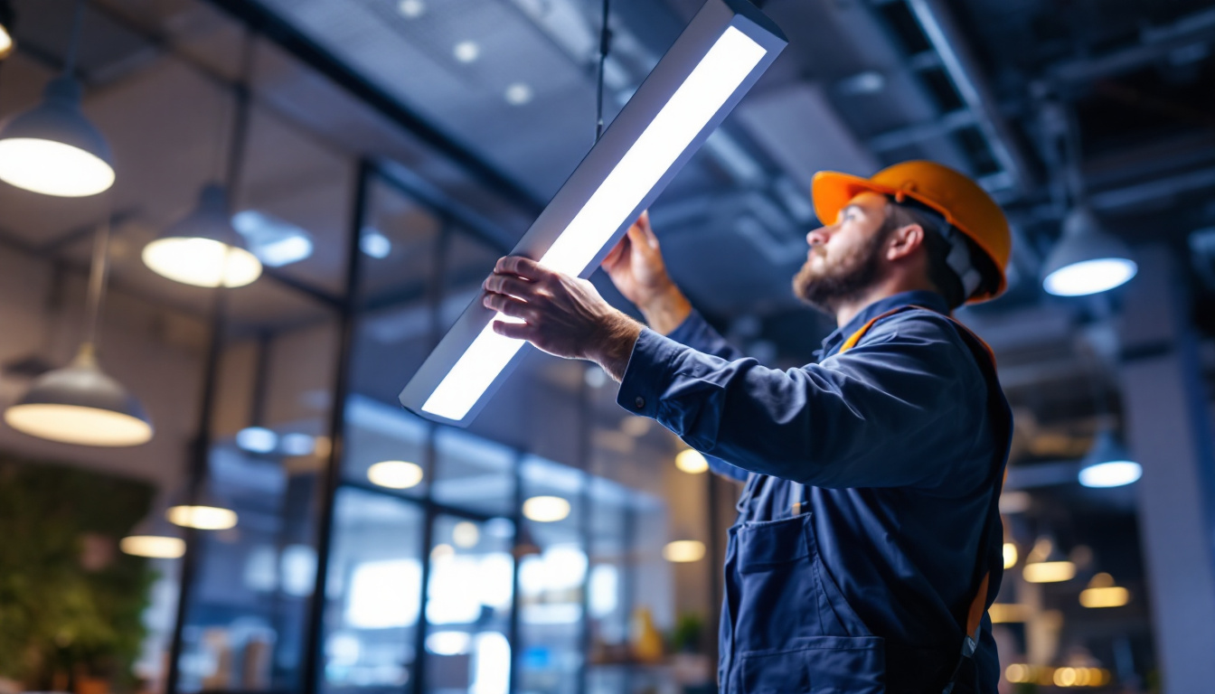 A photograph of a lighting contractor installing an energy-efficient led sign light in a commercial setting
