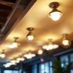 A photograph of a modern suspended ceiling installation featuring can lights