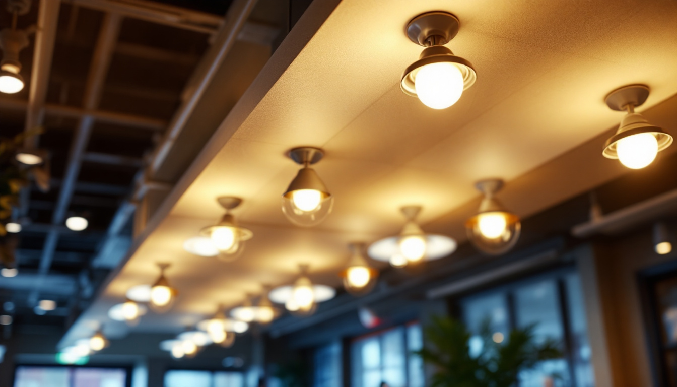 A photograph of a modern suspended ceiling installation featuring can lights