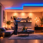 A photograph of a lighting contractor expertly installing stylish led lights in a modern home setting