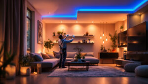 A photograph of a lighting contractor expertly installing stylish led lights in a modern home setting