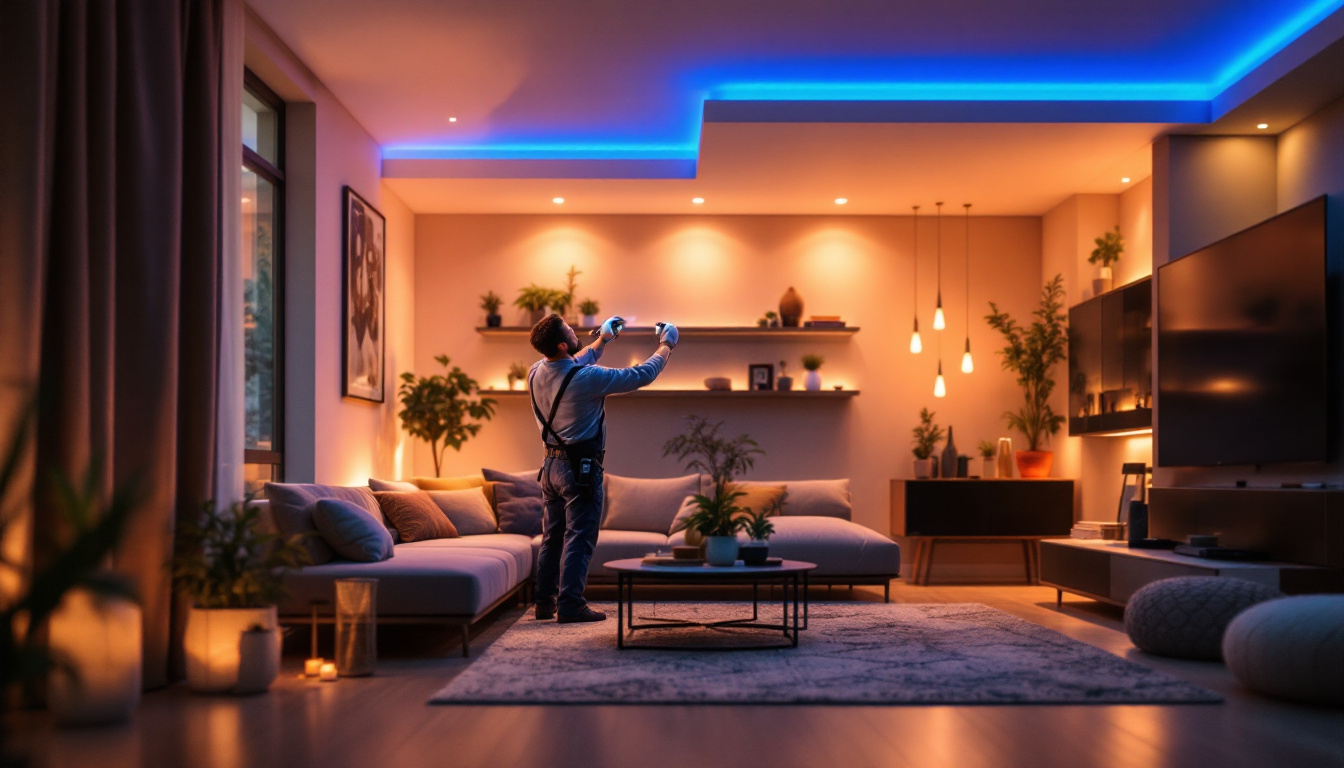 A photograph of a lighting contractor expertly installing stylish led lights in a modern home setting