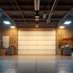 A photograph of a well-lit garage or workshop featuring the 10 pack linkable shop lights in action