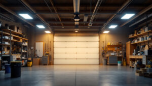 A photograph of a well-lit garage or workshop featuring the 10 pack linkable shop lights in action