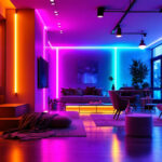 A photograph of a modern lighting installation showcasing vibrant led lights in a stylish interior setting