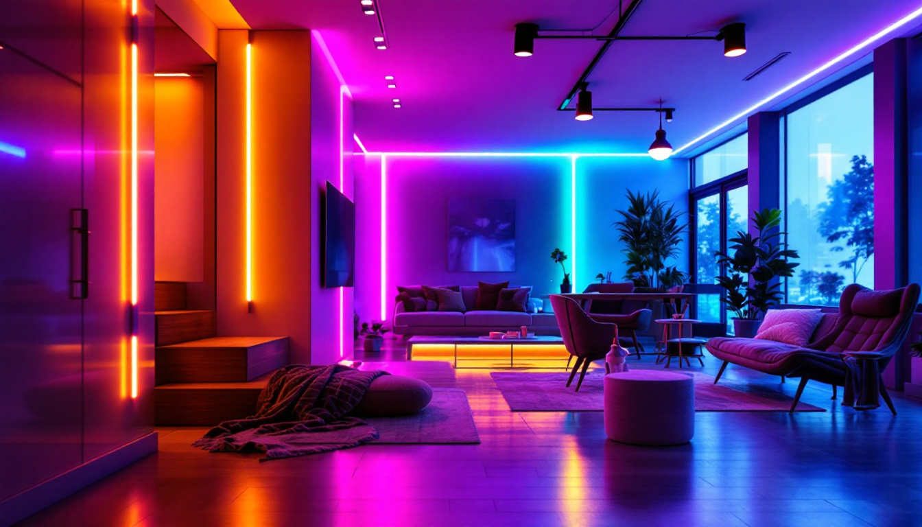 A photograph of a modern lighting installation showcasing vibrant led lights in a stylish interior setting