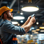 A photograph of a lighting contractor efficiently installing led store lighting in a retail environment