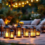 A photograph of a beautifully arranged outdoor patio scene at dusk
