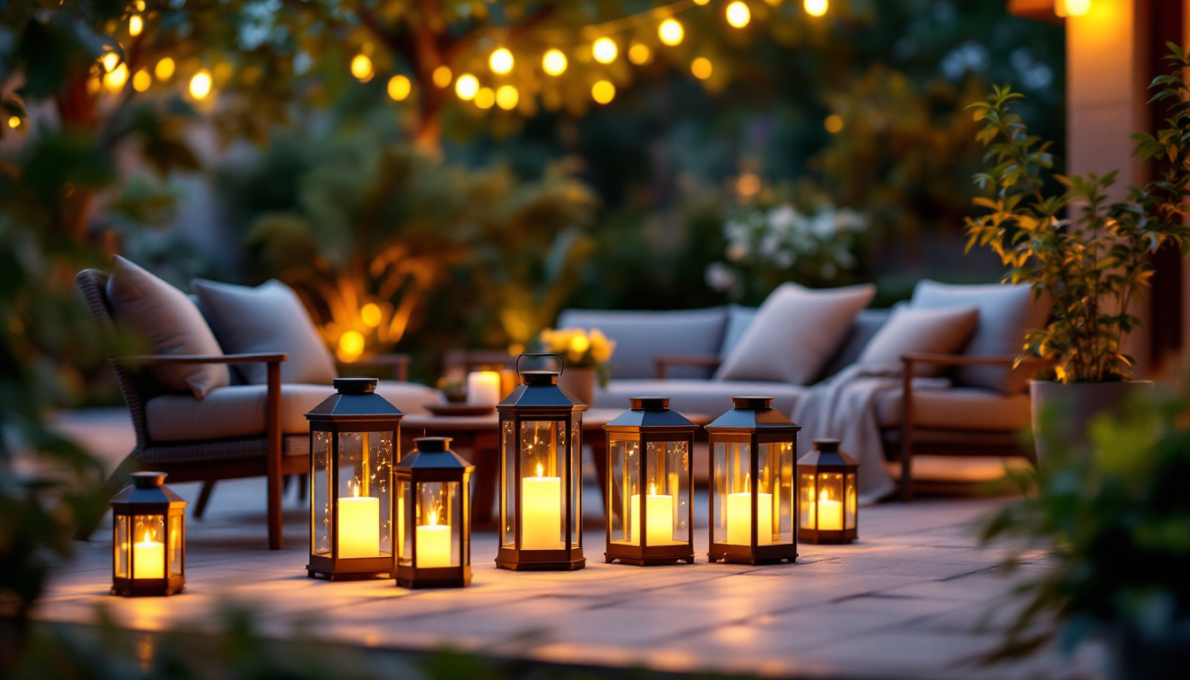 A photograph of a beautifully arranged outdoor patio scene at dusk