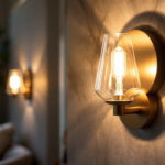A photograph of a stylishly designed wall light fixture in a modern interior setting
