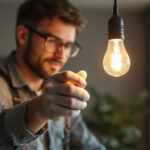 A photograph of a lighting contractor expertly installing a twist base light bulb in a stylish fixture