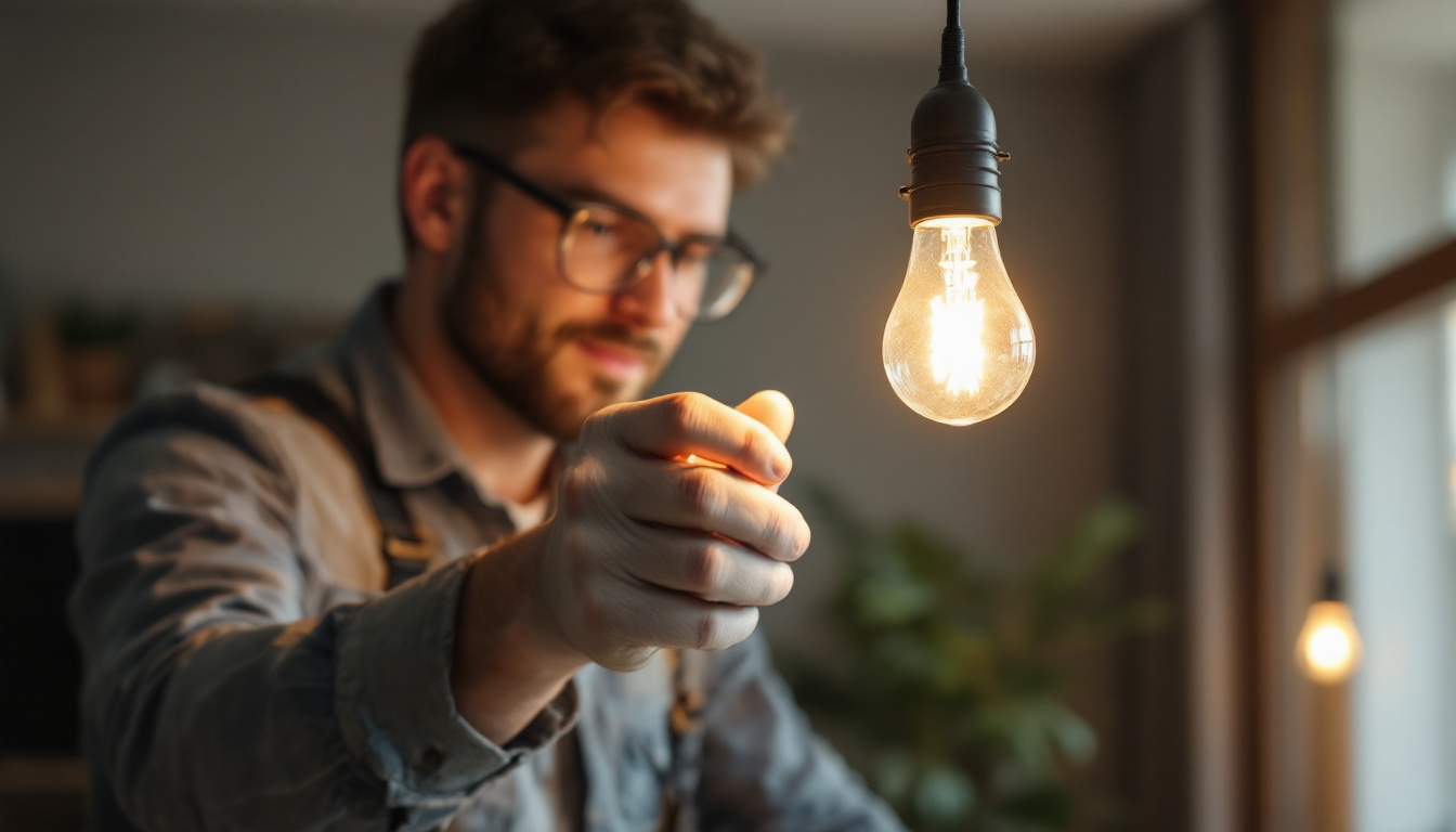 A photograph of a lighting contractor expertly installing a twist base light bulb in a stylish fixture