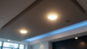 A photograph of a well-lit t-bar ceiling featuring recessed lights