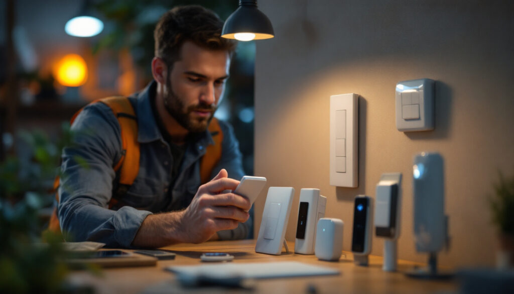 A photograph of a lighting contractor examining and comparing a motion switch alongside various alternative lighting control devices