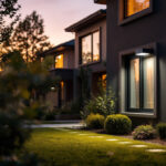 A photograph of a lighting contractor installing outdoor sensor lights in a residential setting during twilight