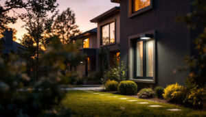 A photograph of a lighting contractor installing outdoor sensor lights in a residential setting during twilight