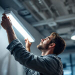 A photograph of a lighting contractor expertly installing a sleek t5 light fixture in a modern commercial space