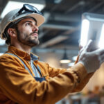 A photograph of a lighting contractor inspecting or installing led commercial lighting fixtures in a modern workspace