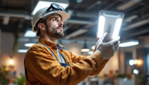 A photograph of a lighting contractor inspecting or installing led commercial lighting fixtures in a modern workspace