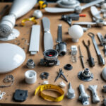 A photograph of a well-organized display of various ceiling fan components