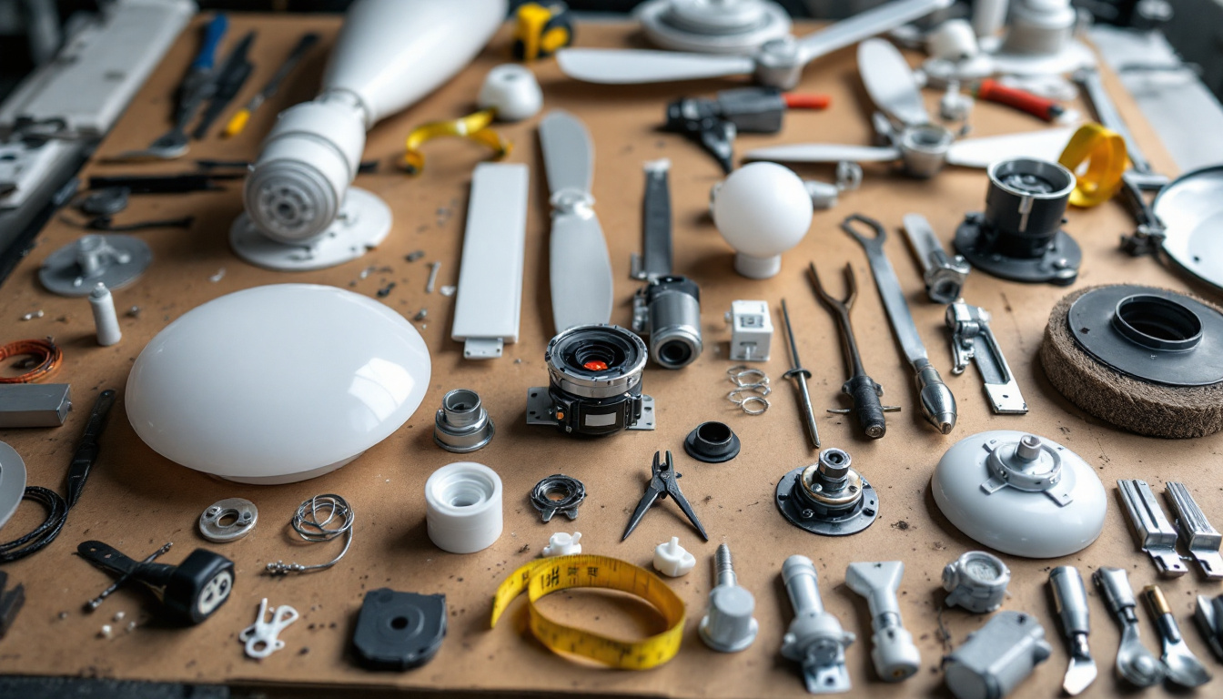 A photograph of a well-organized display of various ceiling fan components