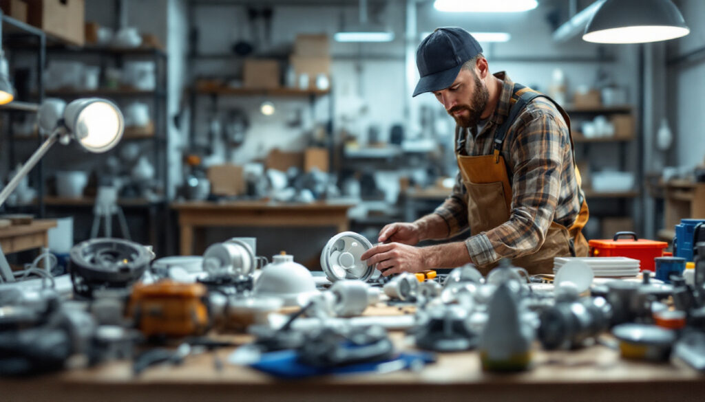 A photograph of a lighting contractor examining various fan parts in a well-lit workshop