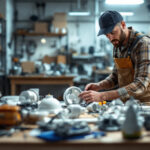 A photograph of a lighting contractor examining various fan parts in a well-lit workshop