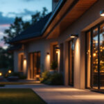 A photograph of a beautifully illuminated outdoor space featuring strategically placed security lights