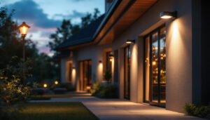 A photograph of a beautifully illuminated outdoor space featuring strategically placed security lights
