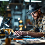 A photograph of a lighting contractor examining various led lights while wearing a stylish led lights hat