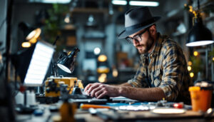 A photograph of a lighting contractor examining various led lights while wearing a stylish led lights hat