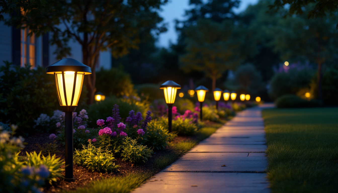 A photograph of a well-lit outdoor pathway showcasing hampton bay solar path lights in a beautifully landscaped setting