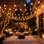 A photograph of a beautifully illuminated outdoor patio scene featuring a stylish arrangement of string lights draped overhead